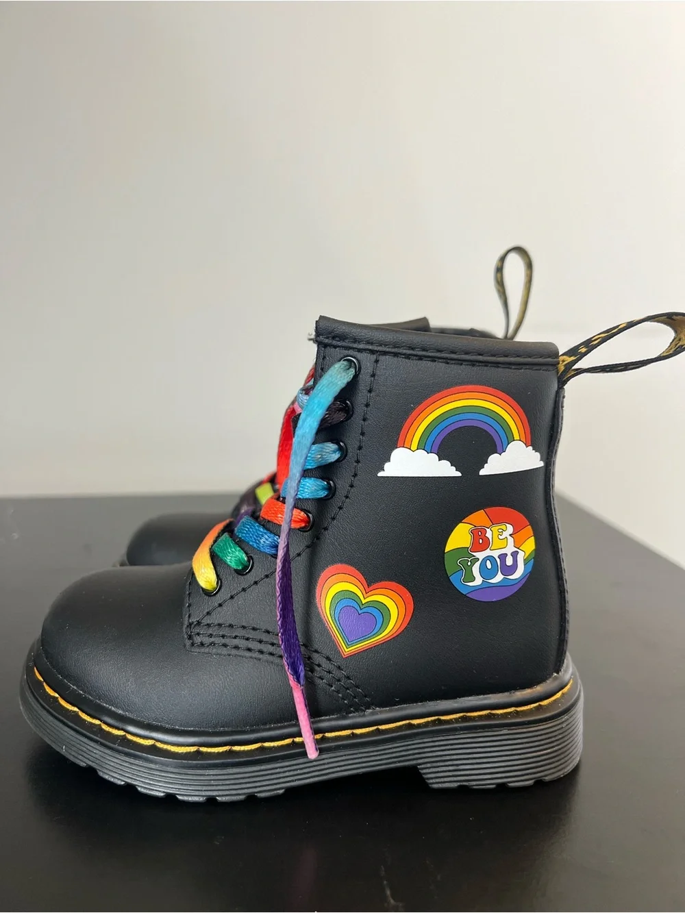 Black Kids Rainbow Lace-Up Boot with Pride Prints